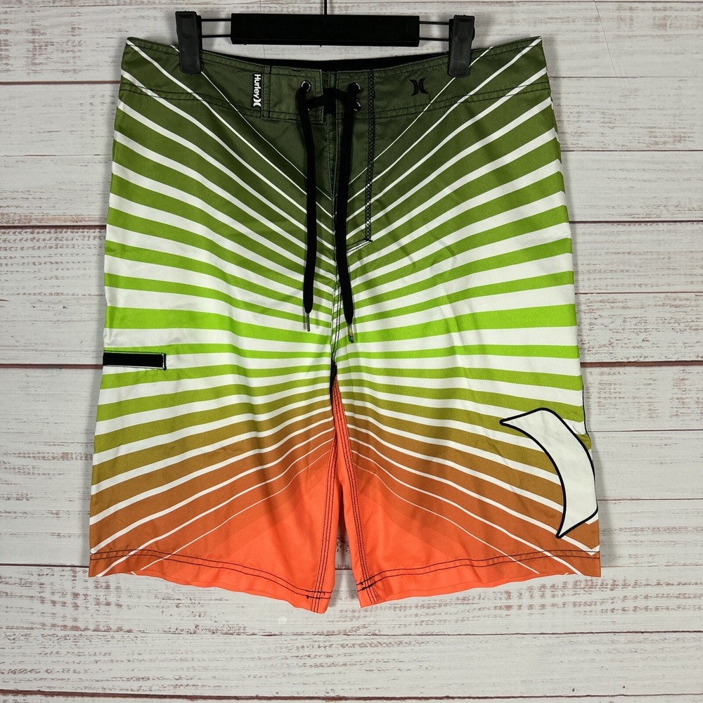 Hurley Board Shorts Mens 32 Multicolor Striped 11" Inseam Polyester Logo